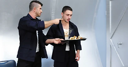 Aroused men enjoy their breakfast on the ship and a good fuck