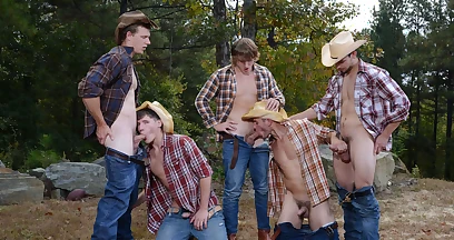 Strong men share limitless outdoor group orgy