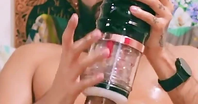 Big Uncut Cock Latino Edging with Oil and Automatic Masturbator Until He Shoots a Big Peecum Load