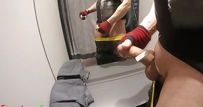 I Cheekily Jerked off in Front of Mirrors in the Fitting Room of a Clothing Store, While People Were Next Door. Finally I Cum